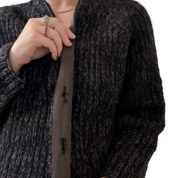 Vintage Womens Hand Knit Black Brown Marled 100% Wool Ribbed Chunky Cardigan - Picture 7 of 7